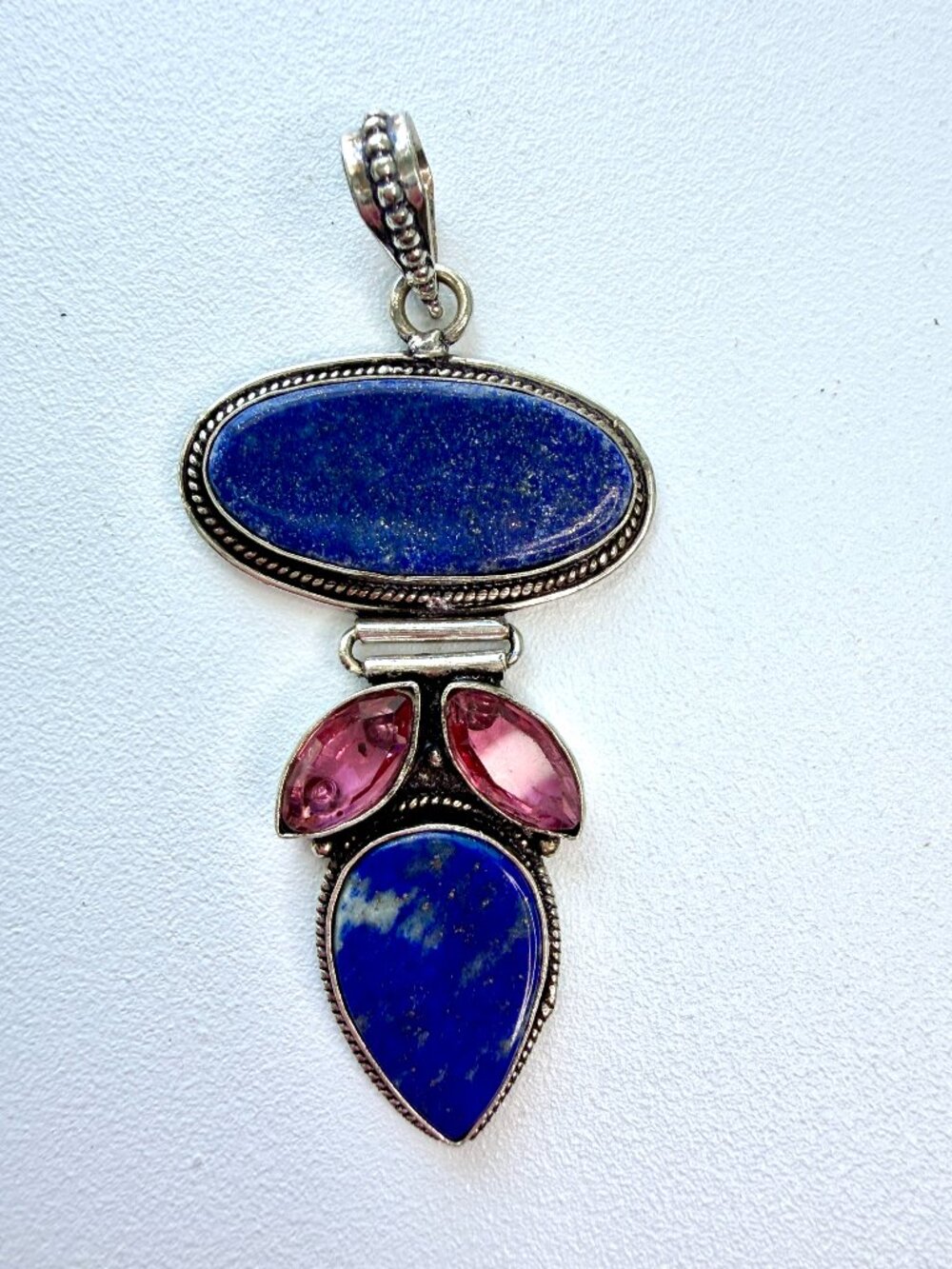 Handmade ~Sterling Silver ~ Vintage ~ Lapis and Pink Gemstone Pendant